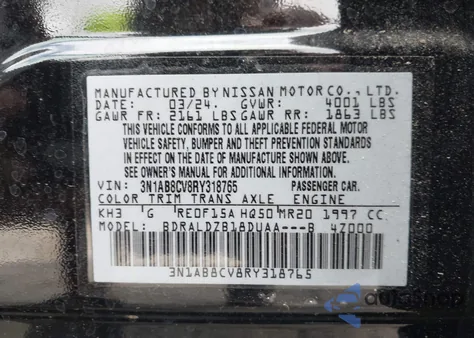 2024 Nissan Sentra Sv Xtronic Cvt из США, поврежденный, VIN 3N1AB8CV8RY318765